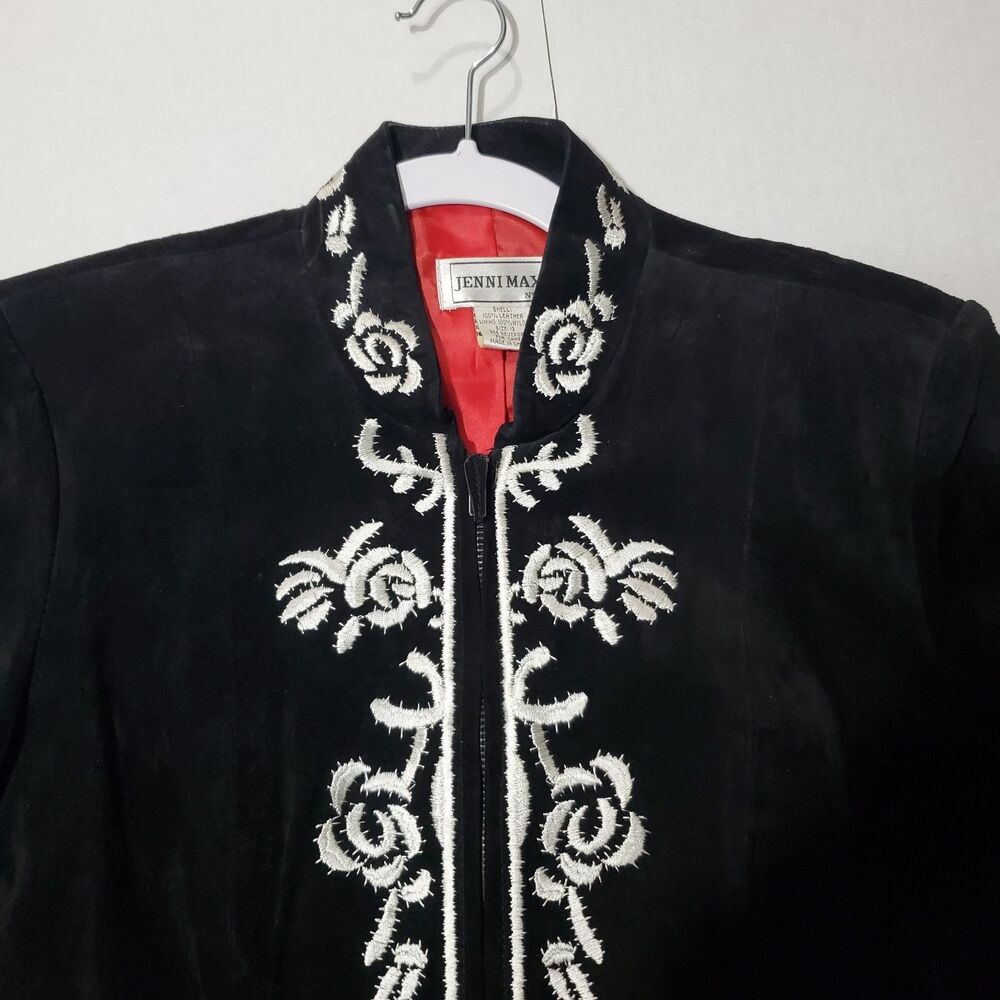 Vintage Suede Leather Black / White Floral Embroidered Zip Jacket , Size 12 - Picture 7 of 16